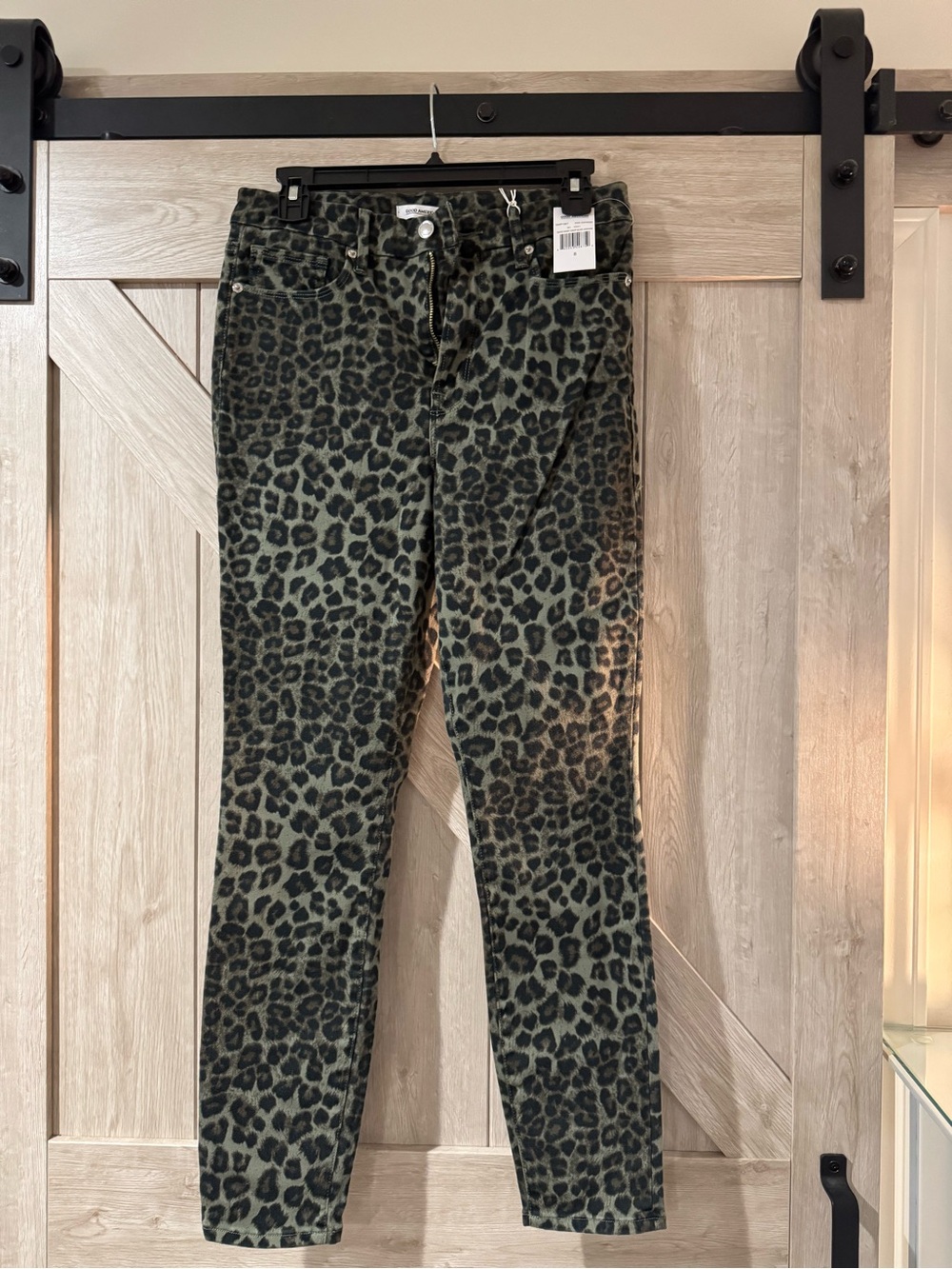 Good American Olive Green Leopard Skinny Jeans